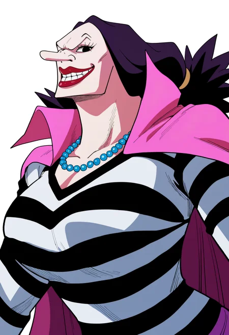 masterpiece, best quality, very aesthetic, absurdres,
1girl, catarinadevon, long hair, black hair, black eyes,
lipstick, pearl necklace, teeth,
prison clothes, pink cape, striped shirt,
upper body, smile,
looking at viewer, solo, simple background, white background,       <lora:CatarinaDevonNoobXL_byKonan:1>