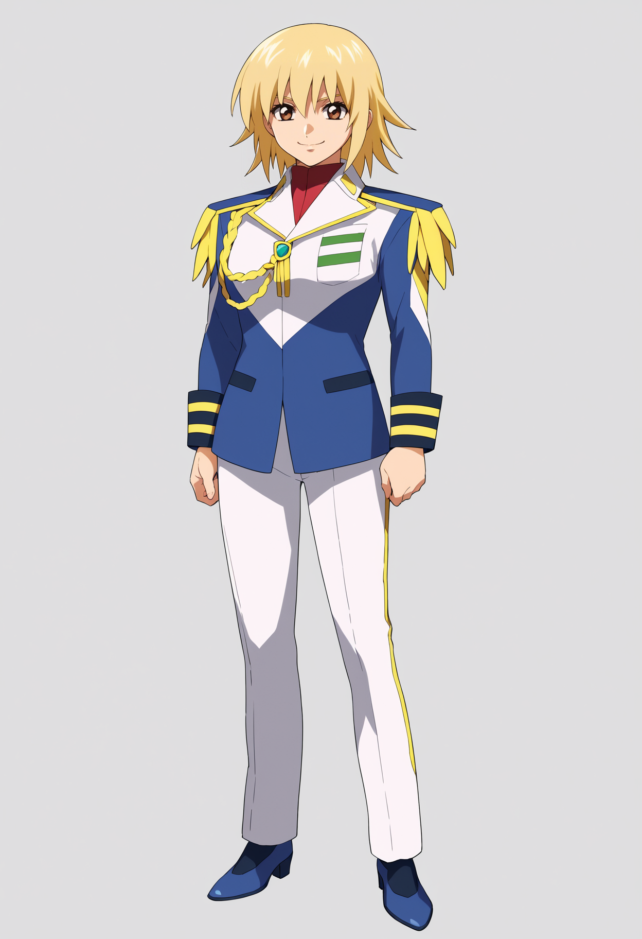 score_9, score_8_up, score_7_up, score_6_up, score_5_up, score_4_up, BREAK, source_anime,
1girl, cagalli, blonde hair, brown eyes,
commander, epaulettes, military uniform, white pants, blue shoes,
standing, full body, smile, looking at viewer, solo, simple background, white background      <lora:CagalliYulaXL:1>