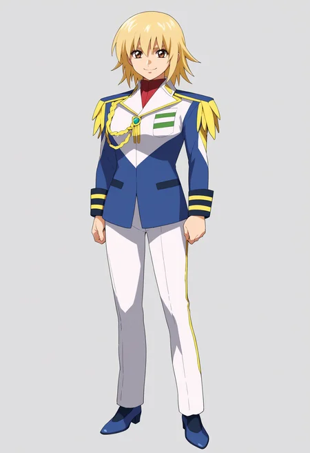 score_9, score_8_up, score_7_up, score_6_up, score_5_up, score_4_up, BREAK, source_anime,
1girl, cagalli, blonde hair, brown eyes,
commander, epaulettes, military uniform, white pants, blue shoes,
standing, full body, smile, looking at viewer, solo, simple background, white background <lora:CagalliYulaXL:1>