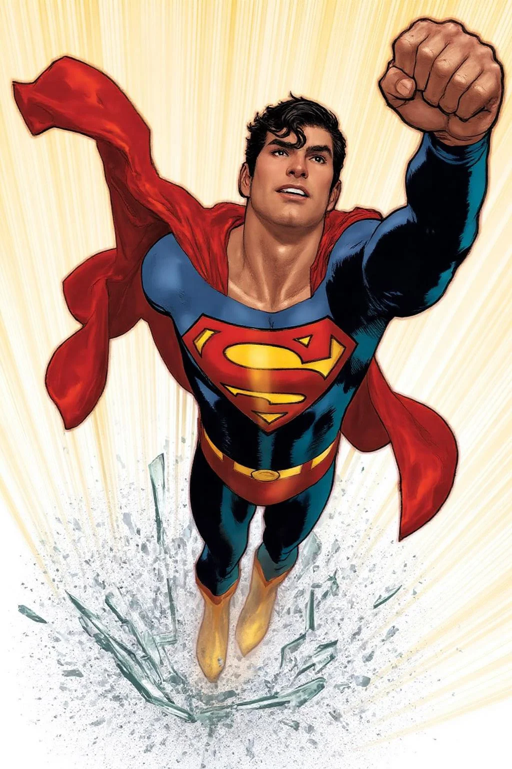 adhughes1 illustration in a comic book style.
This is a drawing in a comic book style, featuring Superman, the iconic superhero. The image captures Superman in mid-flight, with his arms raised and fists clenched, as if he's punching through a shattered glass surface. He is depicted with a powerful, dynamic pose, emphasizing his strength and determination. Superman's costume is the classic Superman suit: a blue body suit with a bold yellow S-shield on his chest, a red cape flowing behind him, and yellow boots. <lora:adhughes1_cap_d8a4e12:1.0><lora:832423249897011914:0>