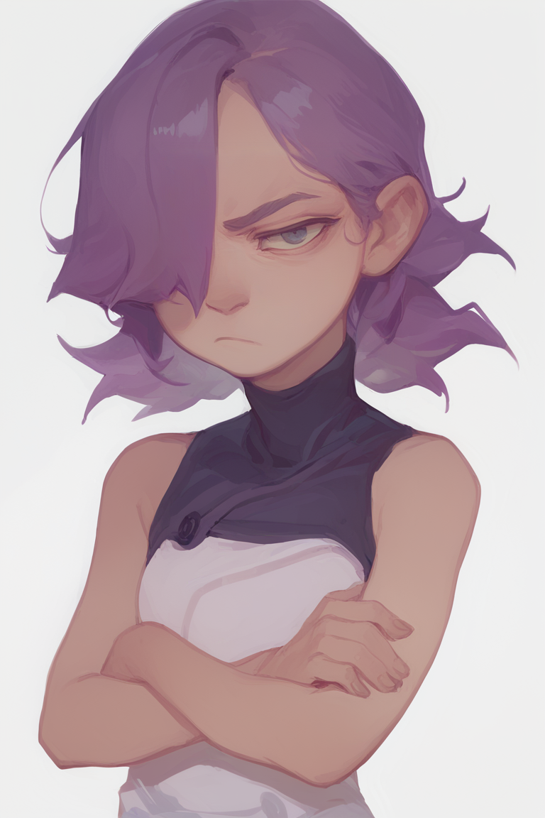 score_9, score_8_up, score_7_up, score_6_up, 1girl, solo, <lora:feason_style:1.0> feason style
 <lora:ponydiffusionv6_lilyduolingov2:0.7> lily duolingo, purple hair, hair hair over one eye, bangs, bored expression, closed mouth, crossed arms, medium hair,