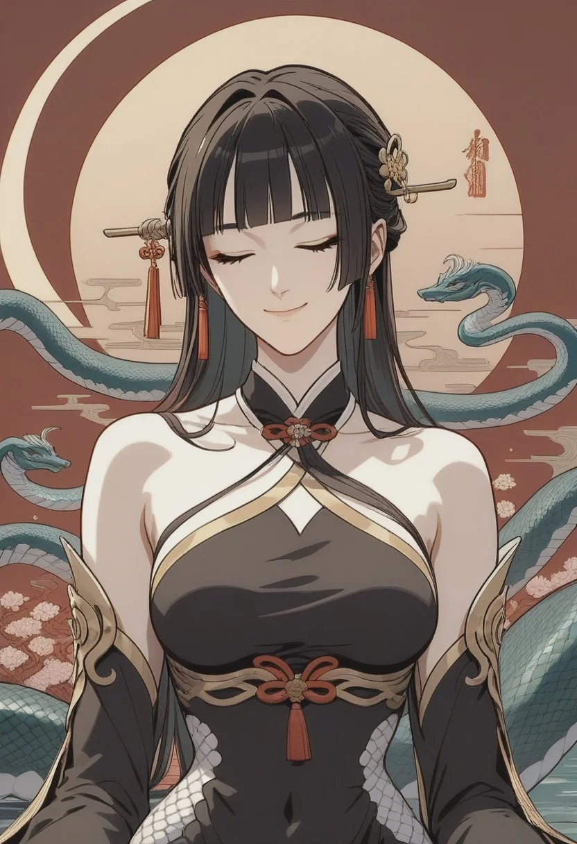 score_9,score_8_up,score_7_up,source_anime,LINGSHA_(NVWA),1girl,solo,breasts,smile,hair ornament,dress,closed mouth,bare shoulders,upper body,closed eyes,detached sleeves,black dress,chinese clothes,facing viewer,MONSTER_GIRL,LAMIA, UKIYO-E, ukiyo-e