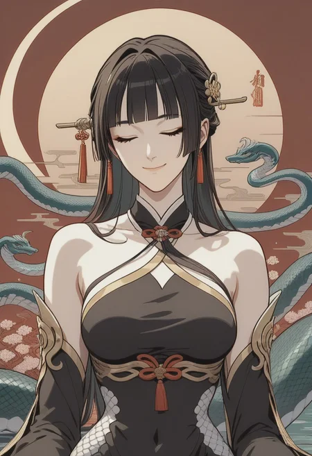 score_9,score_8_up,score_7_up,source_anime,LINGSHA_(NVWA),1girl,solo,breasts,smile,hair ornament,dress,closed mouth,bare shoulders,upper body,closed eyes,detached sleeves,black dress,chinese clothes,facing viewer,MONSTER_GIRL,LAMIA, UKIYO-E, ukiyo-e