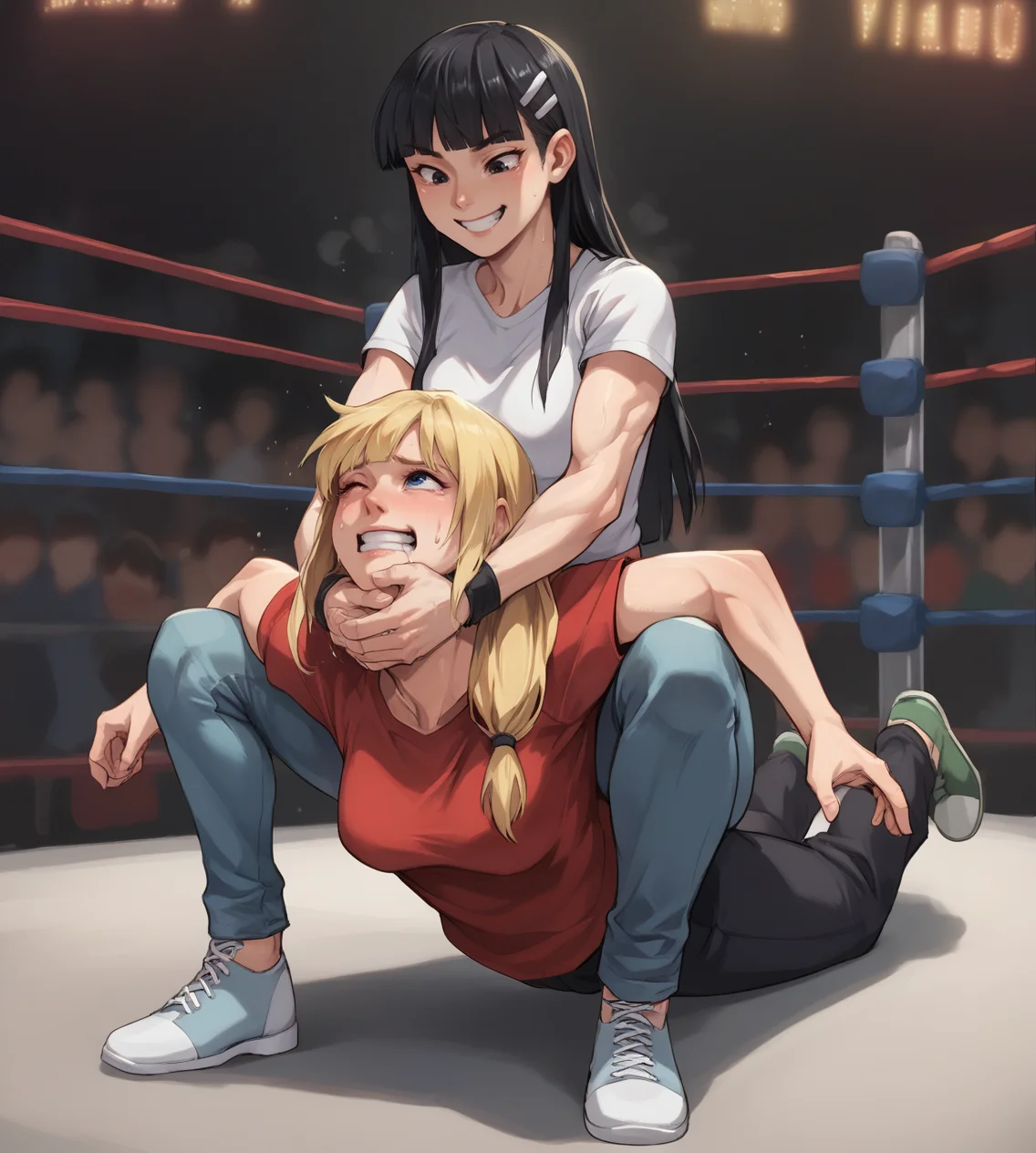 score_9,score_8_up,score_7_up,score_6_up,source anime BREAK,
2girls, shirt, medium breasts, long hair, blunt bangs, black hair, blonde hair,
camel clutch, wrestling, on stomach, strangling, squatting, pants, smile,
<lora:camel_clutch-000013:0.85>