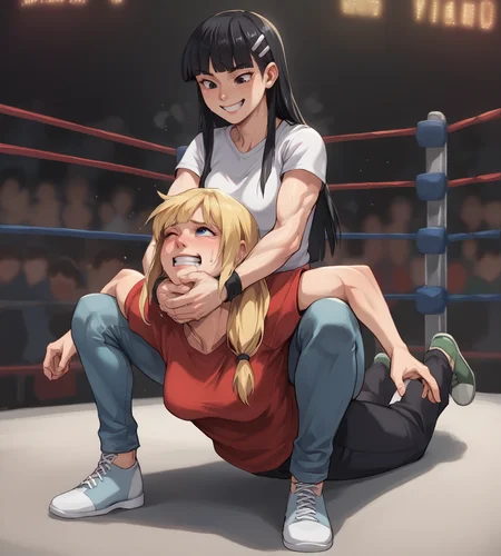 score_9,score_8_up,score_7_up,score_6_up,source anime BREAK,
2girls, shirt, medium breasts, long hair, blunt bangs, black hair, blonde hair,
camel clutch, wrestling, on stomach, strangling, squatting, pants, smile,
<lora:camel_clutch-000013:0.85>
