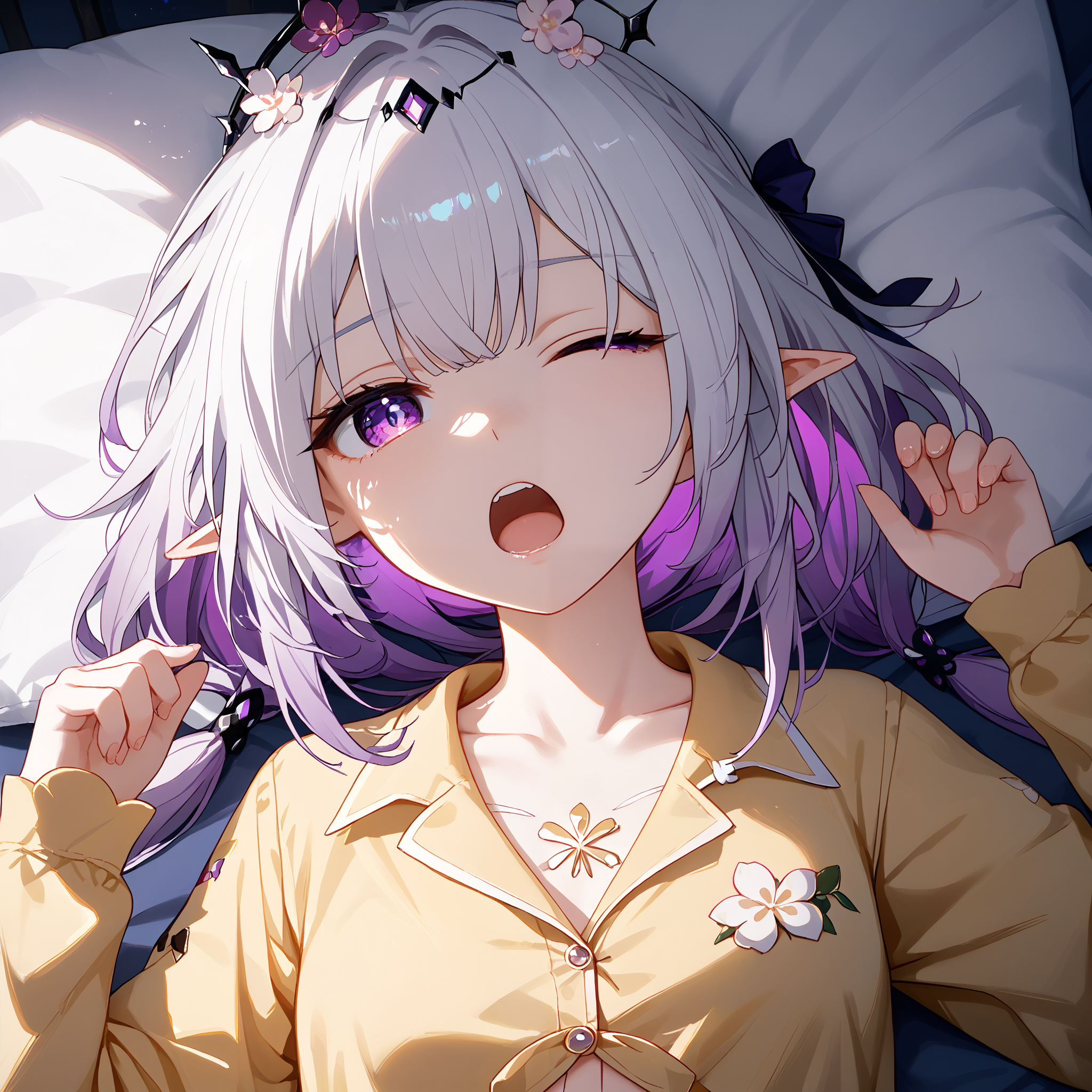 score_9, score_8_up, score_7_up, score_6_up, BREAK source_anime, look at viewer, 1girl, solo, masterpiece, best quality, high detailed skin,  castorice_(honkai:_star_rail), purple eyes, white hair, colored inner hair, low twintails, pointy ears,  pajamas, bedroom, on back, close up, yawning, one eye closed, night,