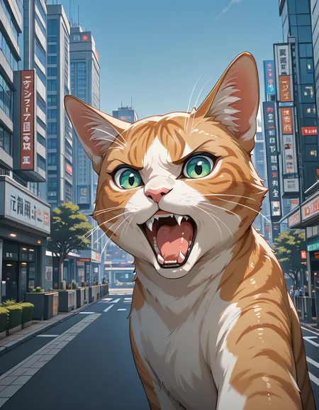 <lora:City_Worlds_01_Effects_illc:1> photo, focus on cute very angry open mouth shouting girl with cat ears towards the viewer, closeup, citybkg, day, ambiance, detailed, street, billboards on buildings, japan, futuristic, street marking, ground view, city lights, high buildings, vegetation, cats,