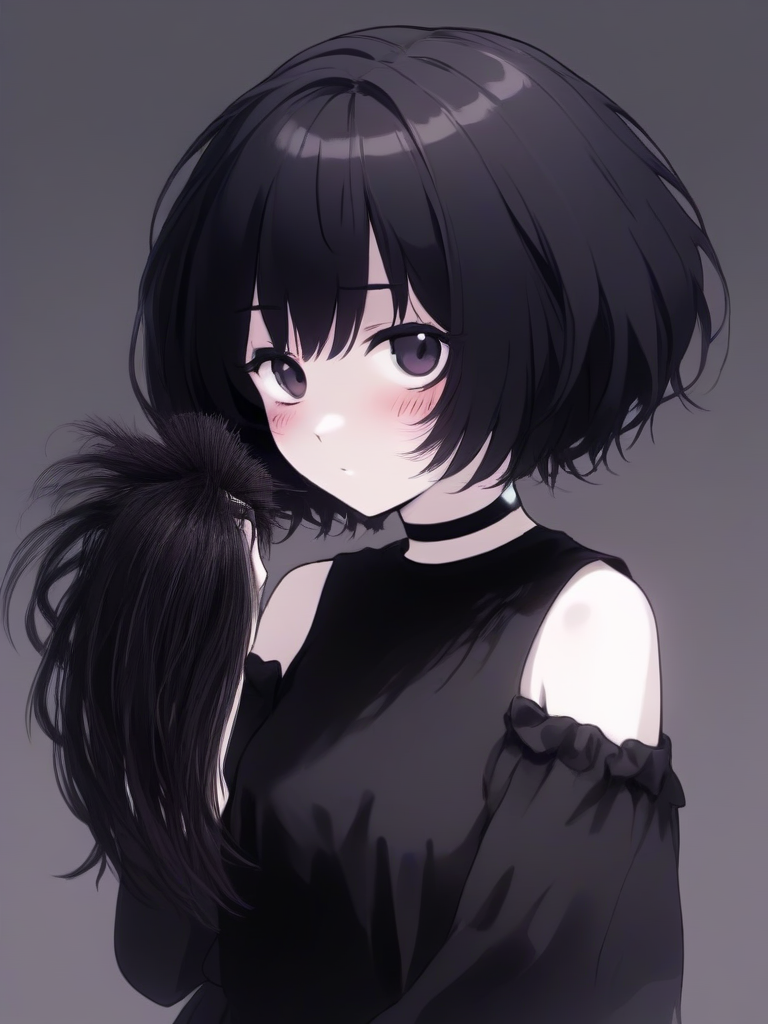 yandere goth girl, with a short hair holding a huge amount of her (cut off hair:1.2) <lora:extreme_haircut_v2:1>