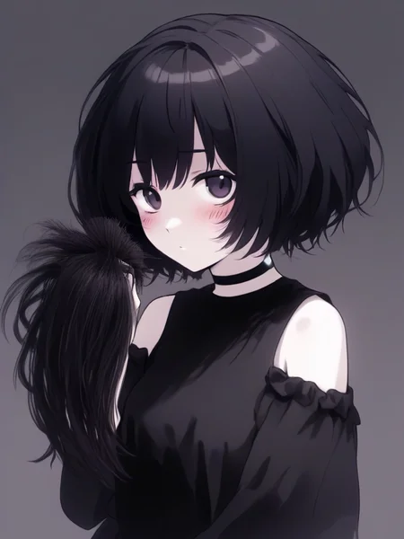 yandere goth girl, with a short hair holding a huge amount of her (cut off hair:1.2) <lora:extreme_haircut_v2:1>