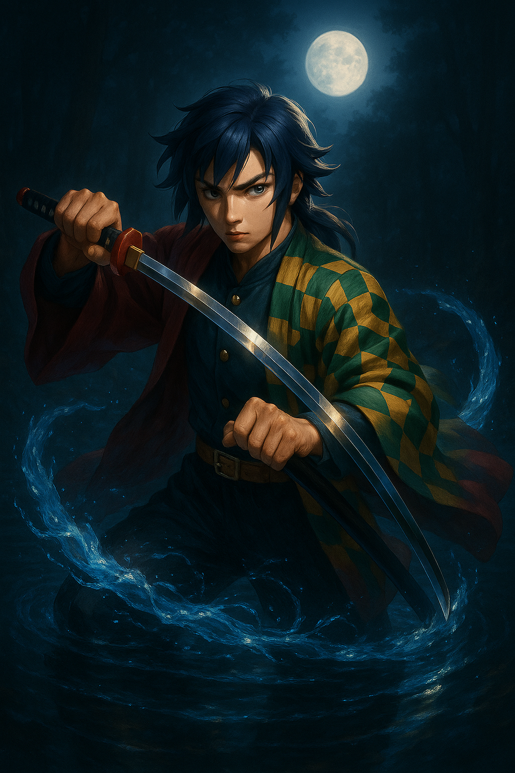 A semi-realistic anime-style digital painting of a determined young warrior kneeling knee-deep in a moonlit forest pool, drawing his katana from a glossy black saya. He grips the white tsuka wrap (with black cross-hatch) with both hands, the red angular tsuba and polished blade catching the moon’s silvery light. Swirling arcs of glowing water spiral around him, while dynamic lighting casts deep, dramatic shadows and crisp highlights, creating rich depth and a cinematic, intense atmosphere.
