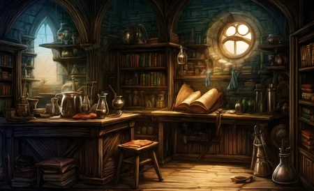 medieval, interior, medieval interior, wooden interior, table, chair, big black cauldron, shelves, books, scrolls, window covered with thin see-through animal hides, (jars filled with mysterious ingredients for brewing potions with:0.6), herbs, a small pestle and mortar, 
HD, very detailed, ambient lighting,
<lora:more_details:1> <lora:Bloodborne:0.25> ,   <lora:FantasyInteriors:0.4> fanint <lora:FantasyStudy:0.4> fanstu