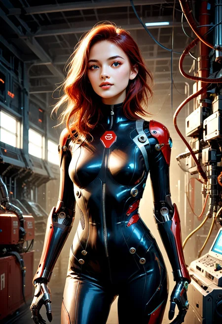 score_9, score_8_up, score_7_up, woman 30yo, European caucasian, cowboy shot, medium breasts, cute, red and black bodysuit, mechanical parts