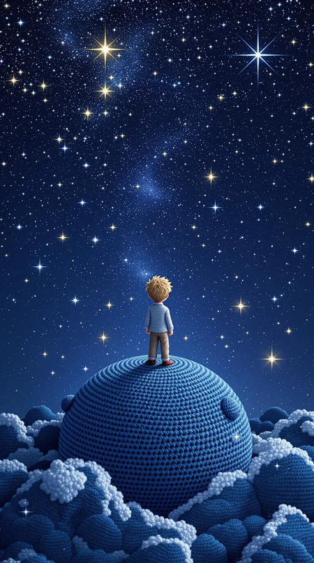 the little prince standing on small planet in starry sky, by saint exupery, crocheted stylequiet emotion