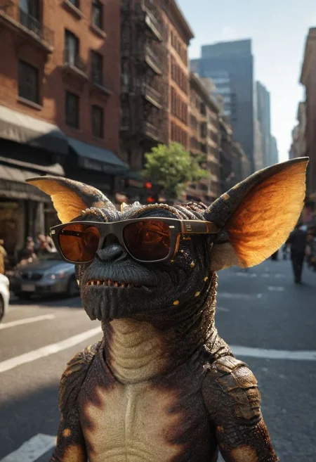 amazing quality, masterpiece, best quality, hyper detailed, ultra detailed, UHD, perfect anatomy, portrait, dof,in a street of big city, hyper-realism, majestic, awesome, inspiring, - (ogremlino,brown gavardine, sun glases, omultipleo, :1.0), cinematic composition, soft shadows, national geographic style,biped