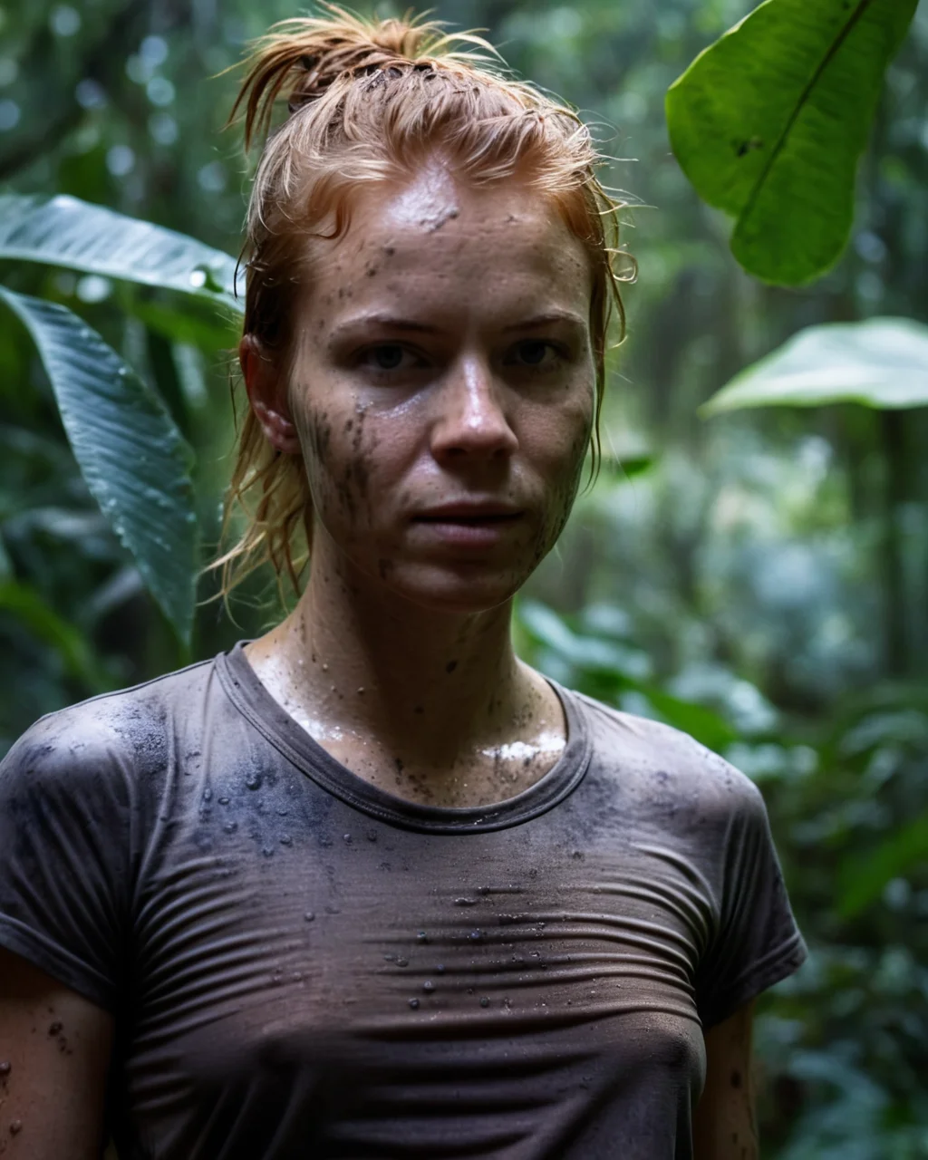 braless, a portrait of a 25 y.o woman, wearing a (muddy:1.2) white t-shirt, (muddy:1.2) face, sweaty skin, muddy redhead hair in ponytail, wet hair, standing alone in a jungle, beautiful face, neutral expression, bokeh, motion blur, cinematic, soft shadows