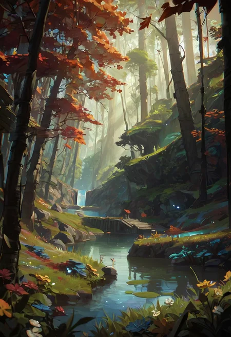 score_9, score_8_up, score_7_up, score_6_up, arkn, detailed drawing, forest, autumn, flowers, beautiful blue pond, grass, early morning, sun rays, dynamic light,