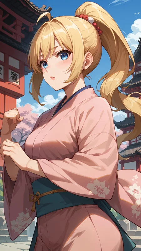 score_9,score_8_up,score_7_up,score_6_up, <lora:xl_more_art-full_v1:0.5>, source_anime, girl, dynamic pose, arm at her side, <lora:Rina Rupaage - Pony-000004:0.8>, long hair, blonde hair, ponytail, ahoge, blue eyes, pink kimono, japanese clothes, east asian architecture,