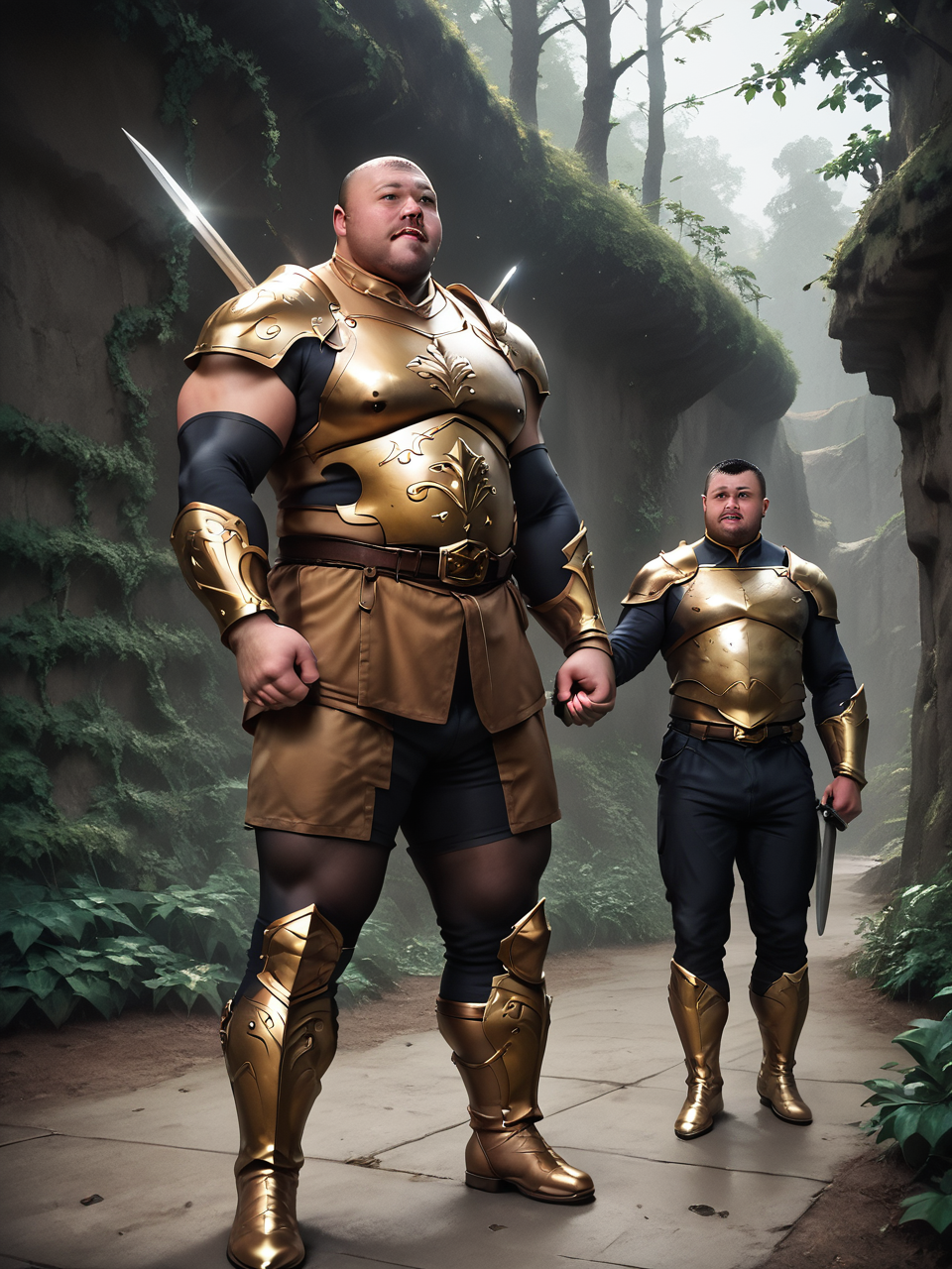 realistic photo, raw photo, Full body, diagonal front, from below, dynamic angle shot, tanned, glistening skin, safe_pos, safe_pos, 1 man, hunhe, broad shoulders, large pectorals, fat man, overweight, human musclebear, musclechub, knight, muscular man, hand grips the hilt of a broad sword, wearing ((shiny brown leather bodysuits)), ((((bronze metal breastplates, shoulder armor, tassets, cuisses, greaves)))), shiny rubber boots,, (((His hand (((grips the hilt of a broad sword))) and (((swings sword behind his body)))))),  battle-ready stance, focused expression, intense gaze, dynamic action pose, warrior stance, ready to strike, highly detailed armor, engraved metal, dim lit ruined structure i)n a magical fantasy world, overgrown with vines, mystical glowing lights.  score_9, score_8_up, score_7_up, score_6_up, score_5_up, score_4_up, bright colors, high contrast, vivid lighting, 
<lora:hunhe:0.45> <lora:shinyskin2:0.5> <lora:Super_Skin_Detailer_By_Stable_Yogi_PD0_V1:0.6> <lora:Musclebear 2:0.7>