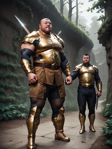 realistic photo, raw photo, Full body, diagonal front, from below, dynamic angle shot, tanned, glistening skin, safe_pos, safe_pos, 1 man, hunhe, broad shoulders, large pectorals, fat man, overweight, human musclebear, musclechub, knight, muscular man, hand grips the hilt of a broad sword, wearing ((shiny brown leather bodysuits)), ((((bronze metal breastplates, shoulder armor, tassets, cuisses, greaves)))), shiny rubber boots,, (((His hand (((grips the hilt of a broad sword))) and (((swings sword behind his body)))))), battle-ready stance, focused expression, intense gaze, dynamic action pose, warrior stance, ready to strike, highly detailed armor, engraved metal, dim lit ruined structure i)n a magical fantasy world, overgrown with vines, mystical glowing lights. score_9, score_8_up, score_7_up, score_6_up, score_5_up, score_4_up, bright colors, high contrast, vivid lighting,
<lora:hunhe:0.45> <lora:shinyskin2:0.5> <lora:Super_Skin_Detailer_By_Stable_Yogi_PD0_V1:0.6> <lora:Musclebear 2:0.7>