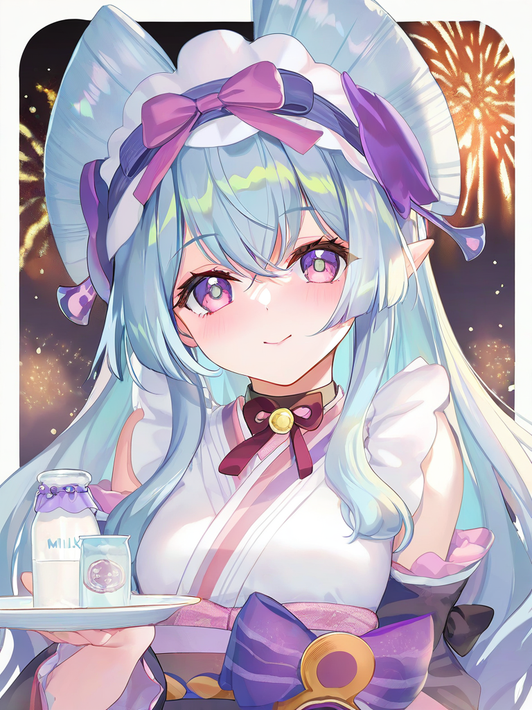 blush,purple ribbon,white kimono,solo,milk bottle,small breasts,white border,nihongami,yumemizuki mizuki,holding plate,black choker,@ @,smile,1girl,chibi,white hairband,purple bow,star in eye,chinese text,closed mouth,frilled hairband,fireworks,highres,looking at viewer,simple background,detached sleeves,(artist:atdan:0.9),(artist:torino_aqua:0.8),(artist:izumi_tsubasu:0.9),(artist:kedama_milk:1.05),(artist:nardack:0.75),(artist:ke-ta:0.95),(artist:toosaka_asagi:0.7),(artist:sho_(sho_lwlw):0.8),(artist:as109:0.8),masterpiece,best quality,amazing quality,very aesthetic,absurdres,<lora:yumemizuki_mizuki_v1-000010:1>,