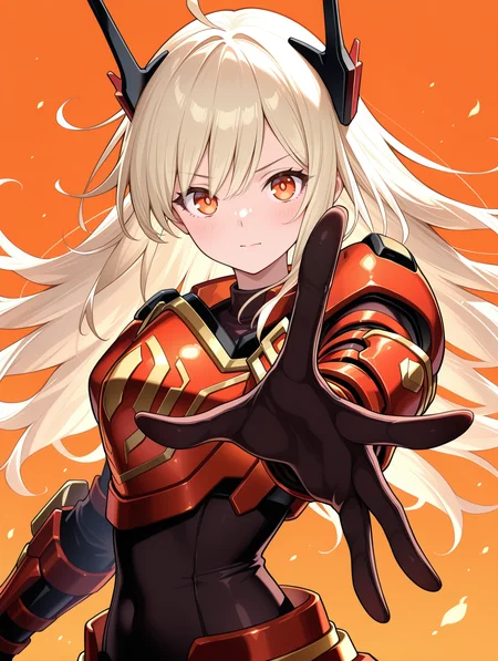 outstretched hand, sky striker ace - raye, mecha musume, official alternate costume, red power armor, 1girl, solo, looking at viewer, upper body, closed mouth, orange eyes, orange background, black bodysuit, red headgear, red armored gloves, red breastplate,
masterpiece,best quality,amazing quality,very aesthetic,absurdres,newest,<lora:Sky striker ace - kagari illusXL v1:0.7>,