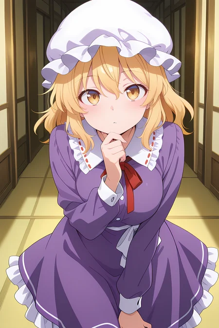 absurdres, highres, masterpiece, best quality, amazing quality, official anime artwork, screencap, anime screencap, indoors, looking at viewer, wondering, 
 <lora:Maribel-Hearn_Illustrious:1> maribel hearn, 1girl, solo, yellow eyes, blonde hair, medium hair,, white mob cap, purple dress, long sleeves, frilled skirt, 
hand on chin,