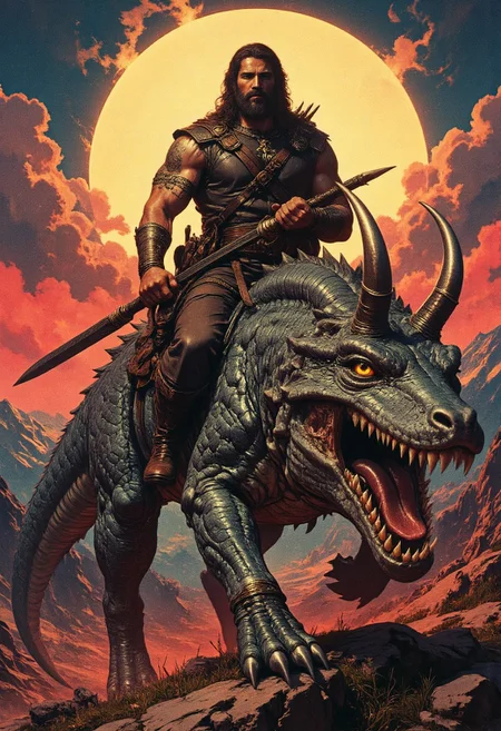 A muscular Valkyrie style Norse warrior riding a fantastical huge beast in a rugged, mountainous landscape.  The man, with a rugged, bearded face and long, dark hair, is dressed in medieval-style attire consisting of a sleeveless brown leather vest, brown trousers, and brown boots. He wears a belt with a sheathed sword and a quiver of arrows. He also has weapons/axe/hammer. His expression is determined as he rides the beast. The massive beast is a mix of a scary croc/lizard, with sharp, curved horns, a long, muscular tail, and a fierce, open-mouthed expression revealing sharp teeth. Its eyes are yellow. The man holds the reins with one hand. The background is a dramatic, partly cloudy sky with a deep blue hue transitioning to a lighter blue at the horizon. The ground beneath them is rocky and uneven, with patches of grass and sparse vegetation. big sun, sunset, dramatic lighting, mainly red, orange and yellow colors, yellow sphere in the background