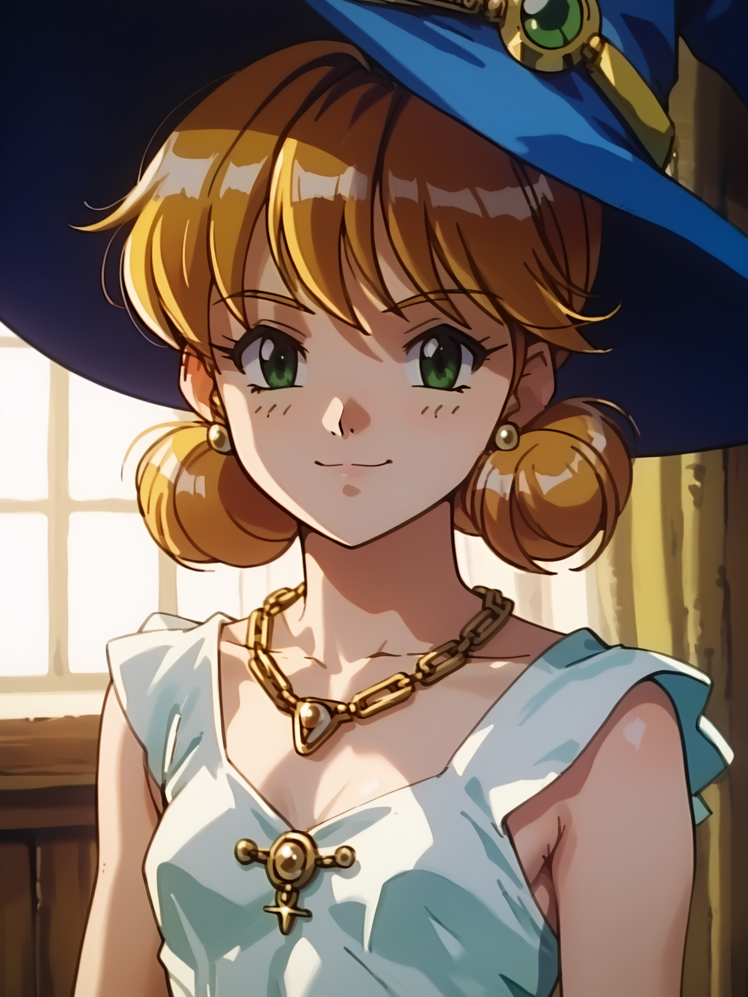 <lora:happy_tentacle-meruru-v0.2-000020:0.9>, ht_meruru, witch hat, blue headwear, chain necklace, small breasts , cowboy shot, 1girl, (petite:1.2), solo focus, smiling, (looking at viewer:1.1), indoors , , (depth of field:0.8), , [(realistic, photorealistic:1.2):(realistic:1.3):22], [(3d:1.2)::10], <lora:LUUNA's Lunas-NijiJourney-SDXL-B2:0.3>, nijijourney, <lora:prgfrg23's Counterfeit-V3.0 Style SDXL_LoRA_Pony Diffusion V6 XL:0.5> <lora:Shed_The_Skin's StS_age_slider_v1_initial_release:-1>, score_9, score_8_up, score_7_up, score_6_up, score_5_up, score_4_up,