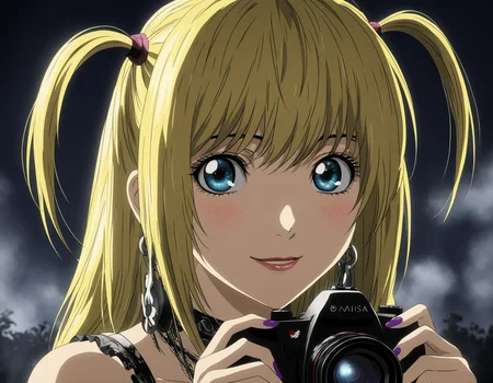 1girl, portrait of Misa Amane, (Misa Amane:1.6), death note, Modern Anime, adult female, From Death Note anime, best quality, 8K, DSLR quality, Bloom Lighting, Good Face, Beautiful Face, Slim, highly detailed, glow, extreme details, fog, smoke, blond hair, happy, smile, perfect eyes, <lora:perfect-eyes:1>, perfecteyes, eyes reflection, detailed eyes, upper body, hdr quality, full of color, smoke, cinematic, night, moon light, 2010s, windy, hair swaying in wind, purple nail polish, nigh time, blue eyes, grainy, chromatic aberration, dark blue atmosphere, black night, adult woman, Depth of field effect, uwu, cute, blush, perfecteyes, eyes reflection, detailed eyes, upper body, shy smile, hdr quality, hands doing cute pose, full of color, smoke, cinematic, <lora:misa_amane-step00000862:1>