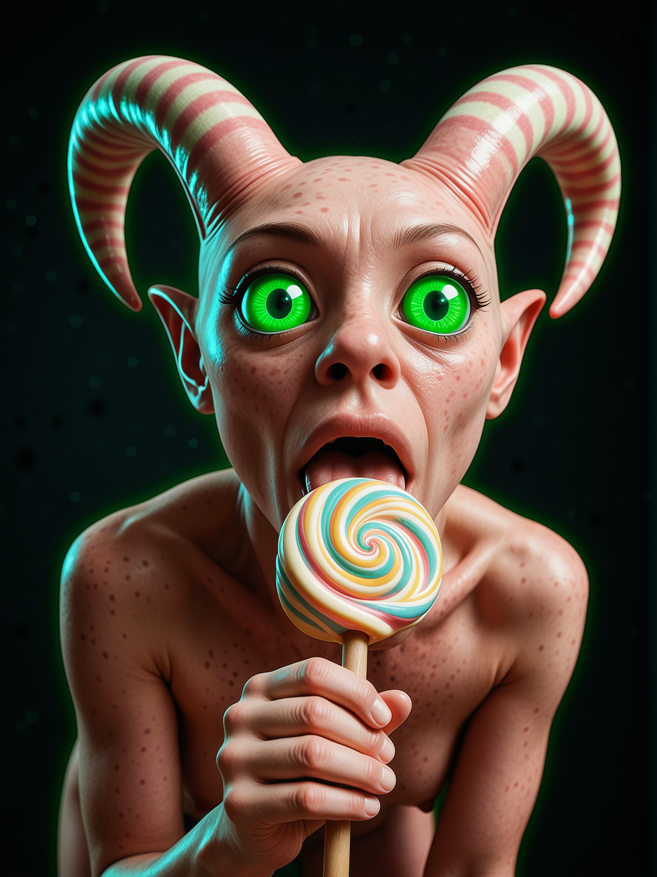 dynamic angle, alien girl, big eyes, green glowing eyes, green freckles, extraterrestrial, pink skin, pink straight hair, alien horns, licking a lollypop, bending over, no background,realistic artist illustration, intricate details, volumetric lighting,, IllusP0s