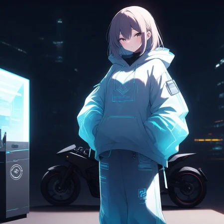 a cyberpunk hacker girl standing outside of a futuristic ramen shop next to her parked high tech motorcycle, she is wearing baggy holographic pants and hoodie, and a digital rebreather, digiswag, high quality, high resolution