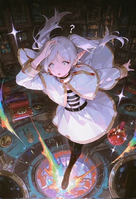 frieren_(sousou_no_frieren), 1girl, solo, wide_eyes, open_mouth, shocked_expression, magic_mishap, floating_cabbages, dancing_brooms, rainbow_flames, chaotic_background, comic_style, visual_pun, spellbook_panic, potion_explosion, static_hair, exaggerated_expression, facepalm_emoji, question_marks, sparkle_effects, absurdres, masterpiece, best_quality, highres
<lora:people's_work:1> <lora:USNR STYLE_XL_lokr:1>