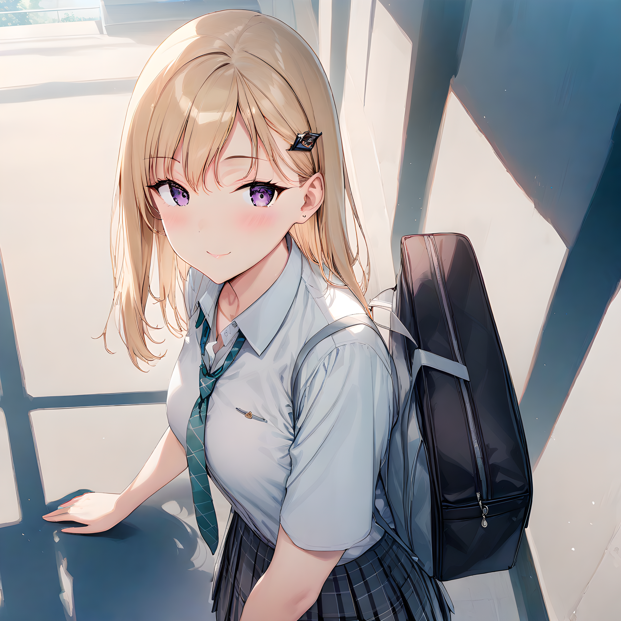 (masterpiece),(best quality),(ultra-detailed),(best illustration),(best shadow),(absurdres),(detailed background),(very aesthetic), ayase_saki, 1girl, solo, skirt, necktie, outdoors, blonde hair, sky, shirt, school uniform, pleated skirt, cloud, hair ornament, day, bag, white shirt , purple eyes, smile, <lora:XL-AyaseSaki:1>