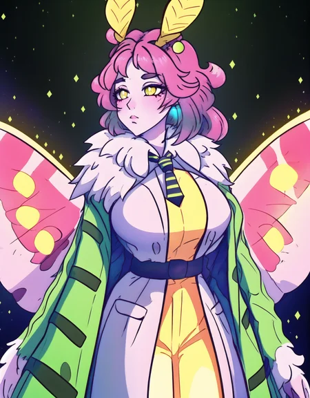 moth girl, ((moth wings, neck fur, antennae)), <lora:mothGirlsLycoris_v10:.9>, (masterpiece, best quality:1.9), (ultra-detailed:1.3), 1girl, solo, (two tone pink hair, messy hair, long hair), large breasts, (emo punk synthwave:1), yellow eyes, (white shirt, black necktie, green striped coat, open coat), cowboy shot, cinematic lighting, (((glowing light particles))), (arms behind back), dynamic angle, <lora:duskfallcrewsArtStyle_1:.3> <lora:Jem_and_The_holograms:.2>