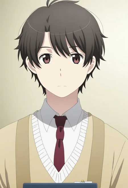 high resolution, solo, best quality, 1Boy, Inaho Kaizuka, Black Hair, Brown Eyes, school, school uniform, OverallDetail