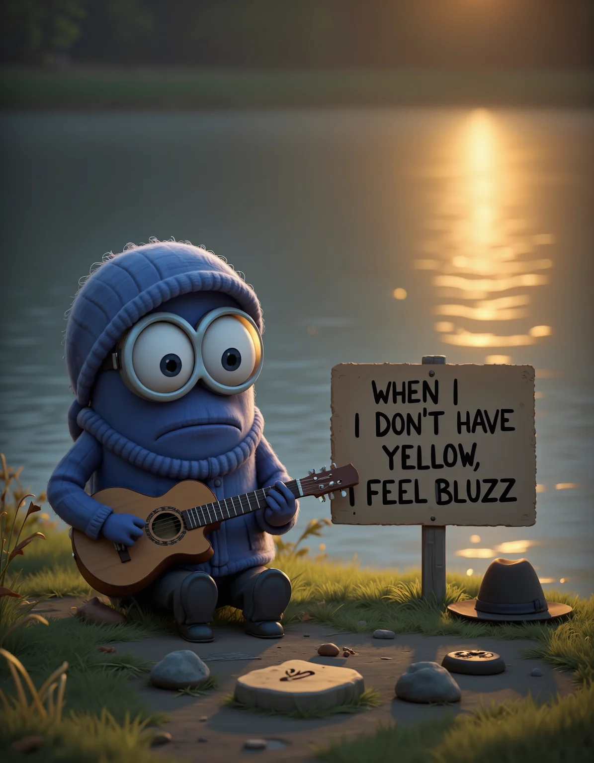 A lonely blue Minion from the Despicable Me movie sitting quietly by a lakeshore, strumming a guitar. A simple cardboard sign is placed in front of the Minion, with the phrase 'When I don't have yellow, I feel bluzz' written in large, clear letters. The setting is at dusk, with the golden light of the setting sun gently reflecting off the still waters of the lake. The Minion looks sad and contemplative, a beggar's hat resting nearby on the grass, alongside scattered small stones and fallen leaves. The atmosphere is serene yet emotional, with high-quality, realistic textures showing in the ripples of the water, the roughness of the cardboard, and the shadows cast by the setting sun. Masterpiece quality, 4k, concept art level of detail, capturing the mood of solitude and quiet reflection.