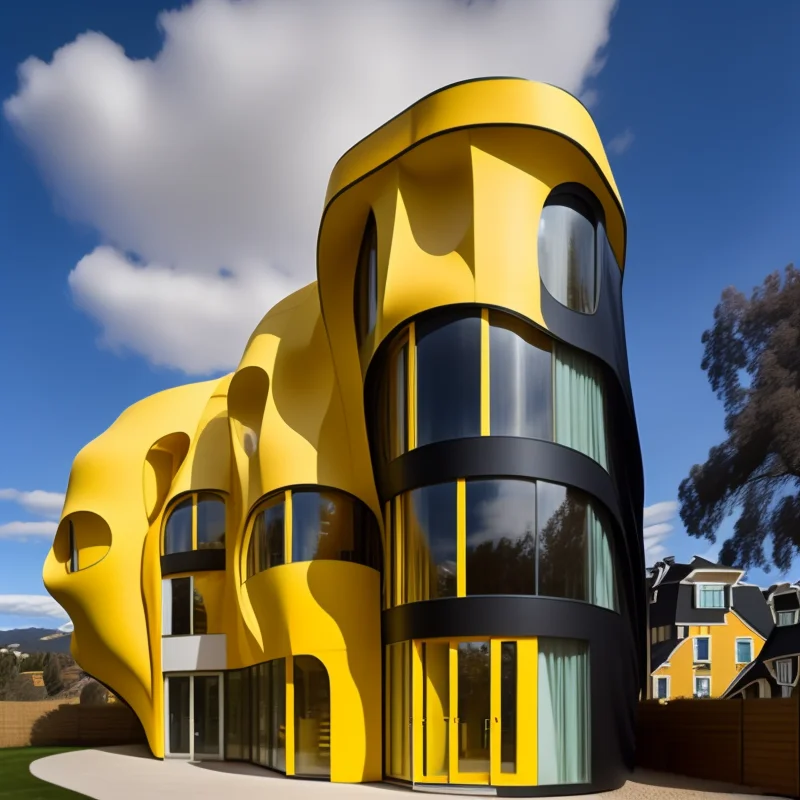 a photo of a modern house with the yellow facade in organic shapes and forms in the style midjor, epic sky, <lora:theovercomer8sContrastFix_sd15:0.5> <lora:Midjor_Style_V1:1>