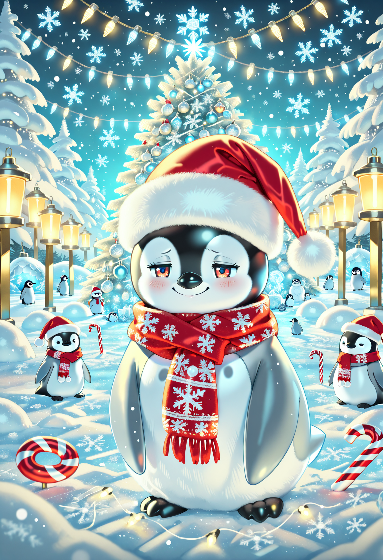 Animal Christmas, masterpiece, best quality, Penguin, Santa hat, scarf, snowy igloo, fairy lights, Arctic setting, Christmas tree, snowflakes, holiday decorations, glowing lantern, candy cane, warm lights, ice backdrop, polar night, cheerful mood