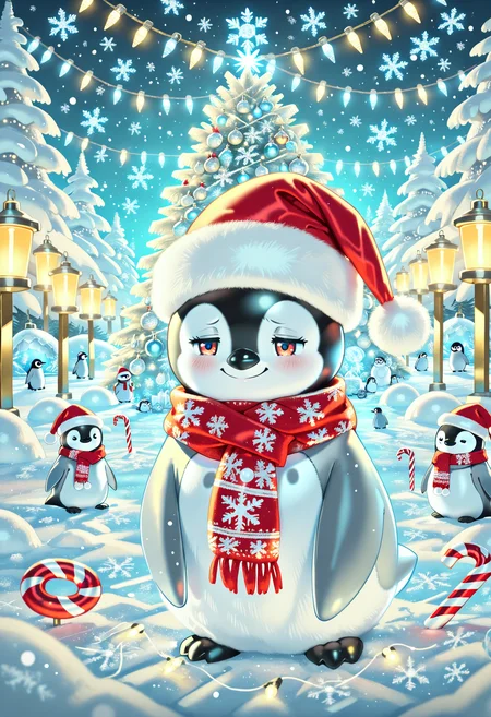 Animal Christmas, masterpiece, best quality, Penguin, Santa hat, scarf, snowy igloo, fairy lights, Arctic setting, Christmas tree, snowflakes, holiday decorations, glowing lantern, candy cane, warm lights, ice backdrop, polar night, cheerful mood