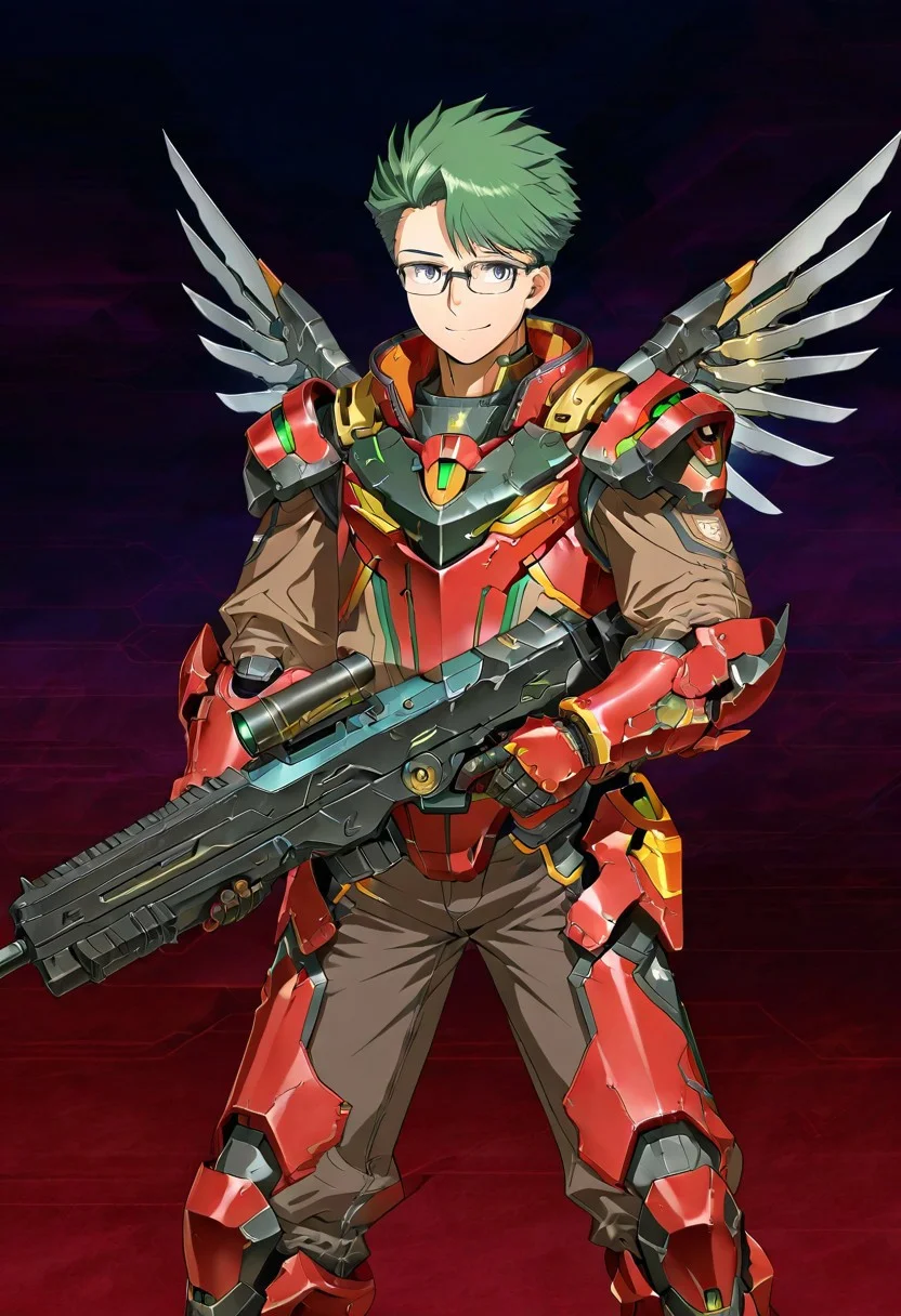 gb4_tao, green hair, short hair, grey eyes, 1boy, solo, male focus, glasses, lean body, wear mecha armor with eagle mecha wings, red mecha armor theme, fly toward the viewer, fight pose, high quality,  armaments equipped in the armor,  score_9, futuristic city in the background, BREAK, his right hand is holding beam rifle, high quality, best quality, masterpiece, detailed draw,detailed eyes, detailed face
