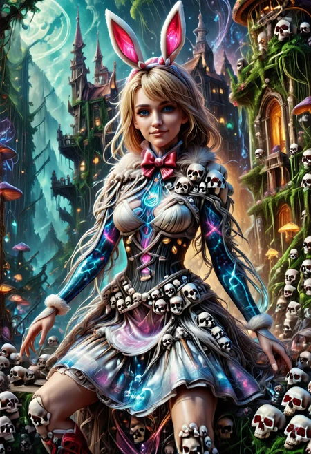 slimes_skullwm, score_9, score_8_up, score_7_up, score_6_up, score_5_up, score_4_up, rating_safe, c4lyx, highly detailed, complex composition, Gwen Stacy, dynamic lighting, intricate textures, high-contrast lighting, whimsical and modern aesthetic, spider-gwen suit made of skulls, bokeh, palace, garden, flexible anatomy, head tilt, light smile, 28 years old, red knee boots, 1girl, d.va (overwatch), dva nocturna, glowing tattoo, Older woman, mgrcirinakushu, kshwtr, blonde hair, low ponytail, blue eyes, pink hair ornament, fake rabbit ears, white fur capelet, red bowtie, coat made of skulls, corset made of skulls, long skirt made of skulls.