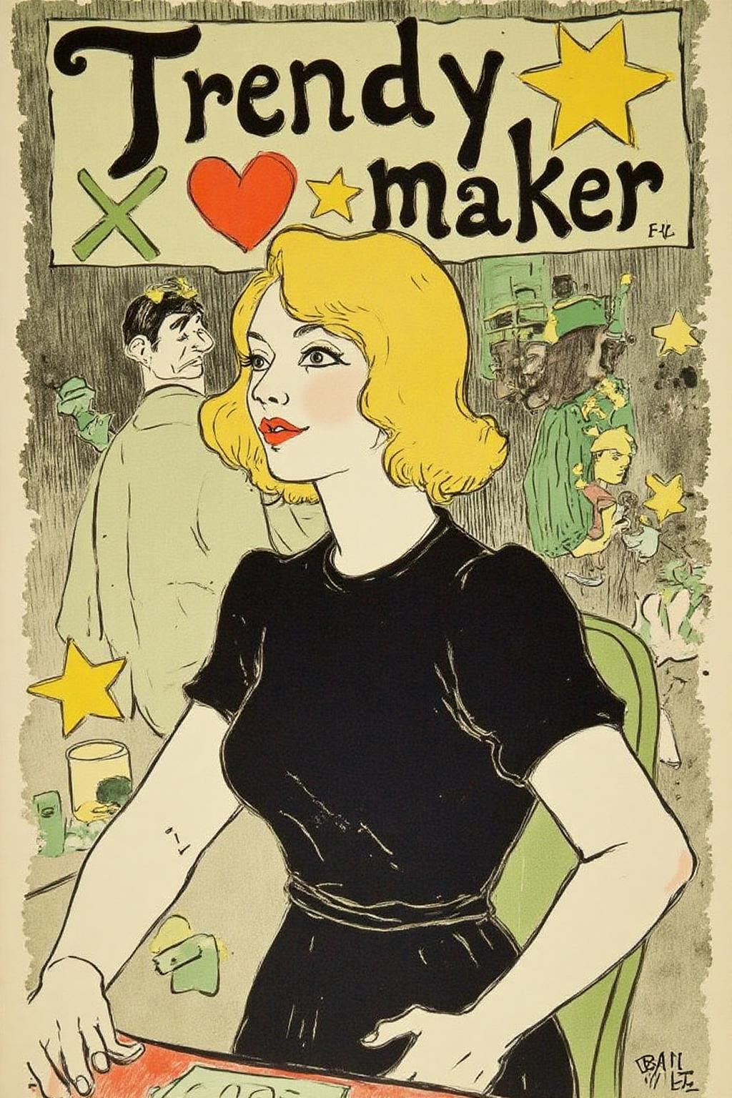 lautrec1 illustration rendered in a stylized, Art Nouveau style typical of the era, with a pastel color palette dominated by shades of green, yellow, and brown. 
a female figure, wearing a black t-shirt. The grunge style blends with frutiger style elements, featuring beautiful vector shapes in a colorful, minimalistic composition reminiscent of 2004 aesthetics. A text block above her head reads TRENDY ART MAKER in bold, swirling script, incorporating the symbols x, heart, and stars. The gradient background adds depth, while sharp details and oversaturated colors create an eye-catching, high-quality artwork that blends vector art with mixed media. This original piece exudes a sense of trendiness, vintage flair, and award-winning quality, making it NSFW. artint, vivid colors,
 <lora:lautrec1_cap_d6a3e11:1.0><lora:810962719953050110:0>