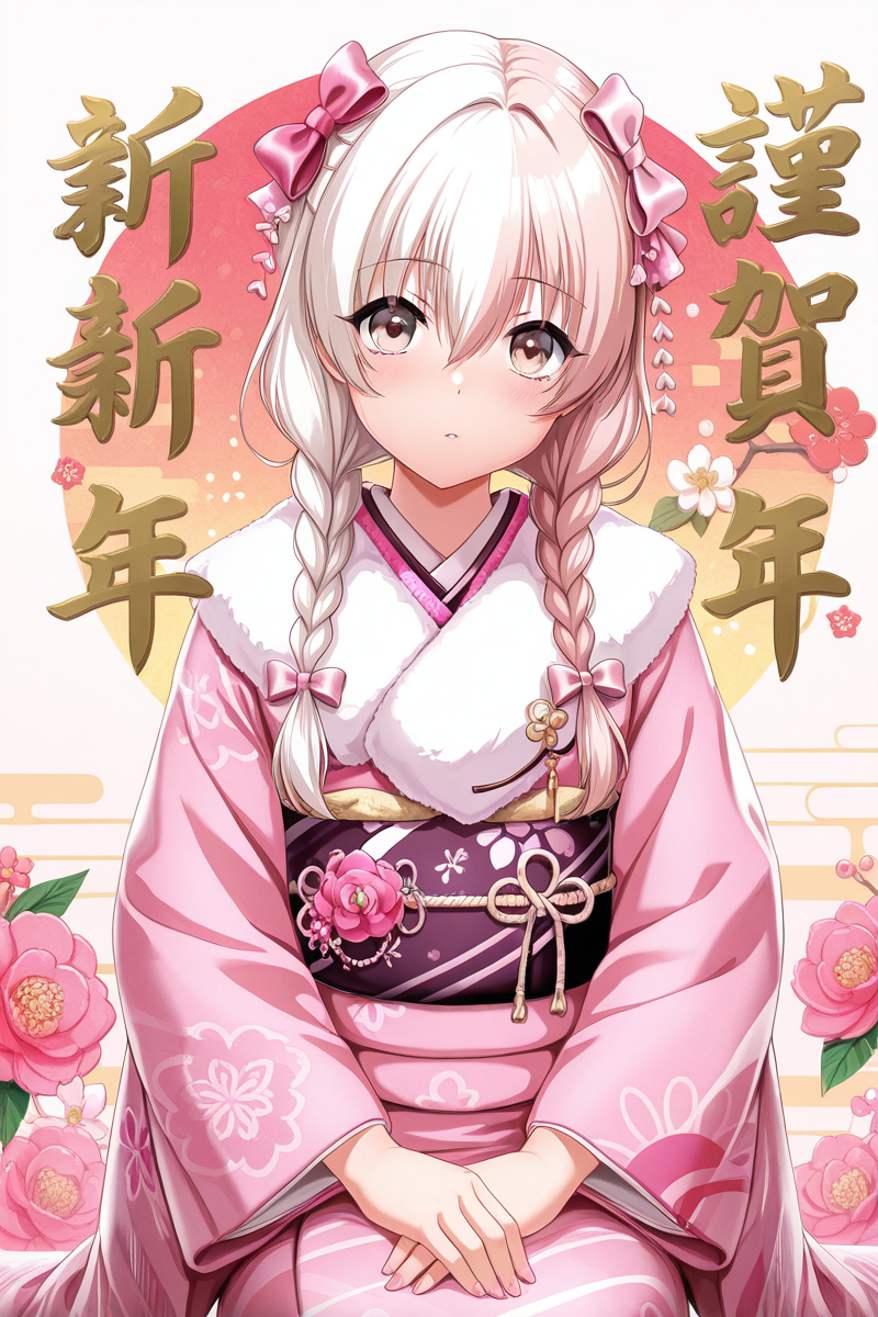 masterpiece, best quality, amazing quality,
 <lora:KokoaV2_IL:1> kokoa, japanese clothes, braid, solo, kimono, long hair, twin braids, new year, 1girl, looking at viewer, sash, bow, hair bow, obi, flower, pink kimono
