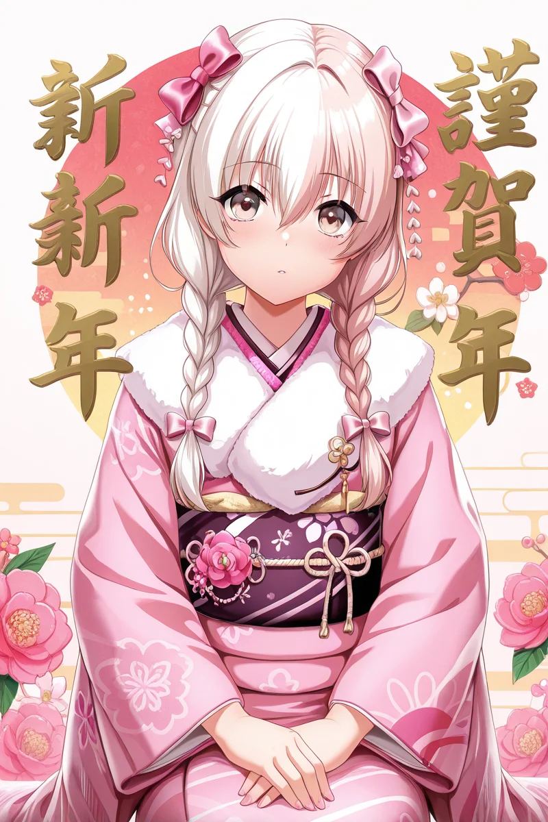 masterpiece, best quality, amazing quality,
<lora:KokoaV2_IL:1> kokoa, japanese clothes, braid, solo, kimono, long hair, twin braids, new year, 1girl, looking at viewer, sash, bow, hair bow, obi, flower, pink kimono