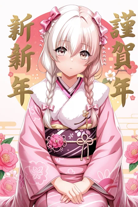 masterpiece, best quality, amazing quality,
<lora:KokoaV2_IL:1> kokoa, japanese clothes, braid, solo, kimono, long hair, twin braids, new year, 1girl, looking at viewer, sash, bow, hair bow, obi, flower, pink kimono
