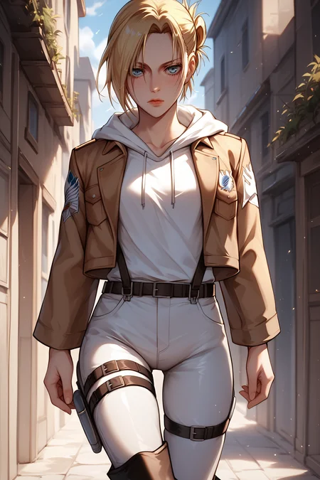 score_9, score_8_up, score_7_up, BREAK source_anime, <lora:annie leonhardt-PonyXL-lora-Faxtron:0.8> annie leonhardt, single hair bun, white hoodie, open cropped brown jacket, white pants, thigh strap, survey corps \(emblem\), knee boots,