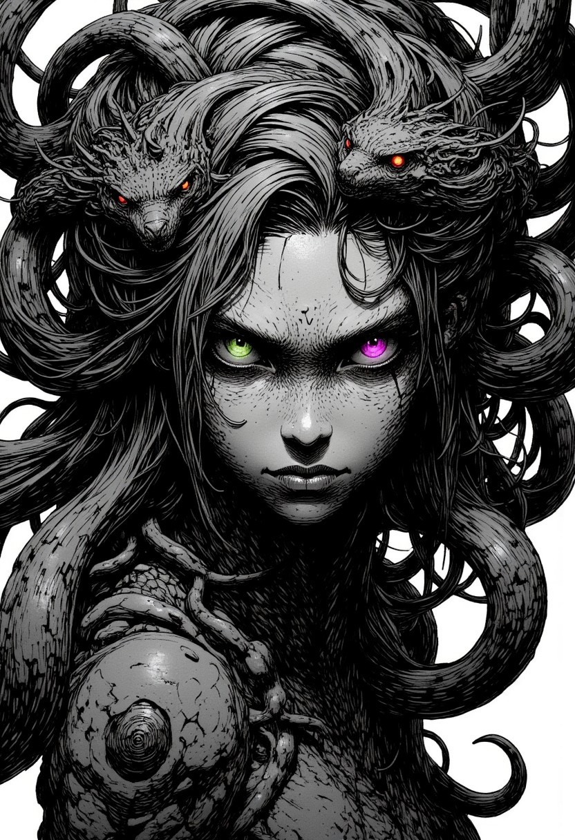 nistyle, This image is a black-and-white manga sketch depicting a goddess with snake-like hair. The lines are bold and expressive, capturing the mesmerizing contours of her face and the sinuous forms of the serpents that frame her head. Her features are strikingly beautiful, with an air of danger that emanates from her piercing eyes, which are rendered in deep shades of purple and green, providing a stark contrast against the monochrome palette.
The goddess’s skin is detailed with intricate textures, showcasing dark, cracked patterns that suggest an ancient, otherworldly presence. Shadows and highlights play across her face, enhancing her haunting allure. The snakes, coiling and twisting around her, possess minimal color highlights in their eyes, which glow eerily, drawing the viewer's attention and adding a touch of life to the otherwise grayscale composition.
The background remains simple and abstract, allowing the focus to remain on her enchanting yet intimidating gaze and the dynamic forms of the snakes. The overall mood is one of dark fantasy, combining beauty and horror, creating a striking visual that captivates and intrigues.