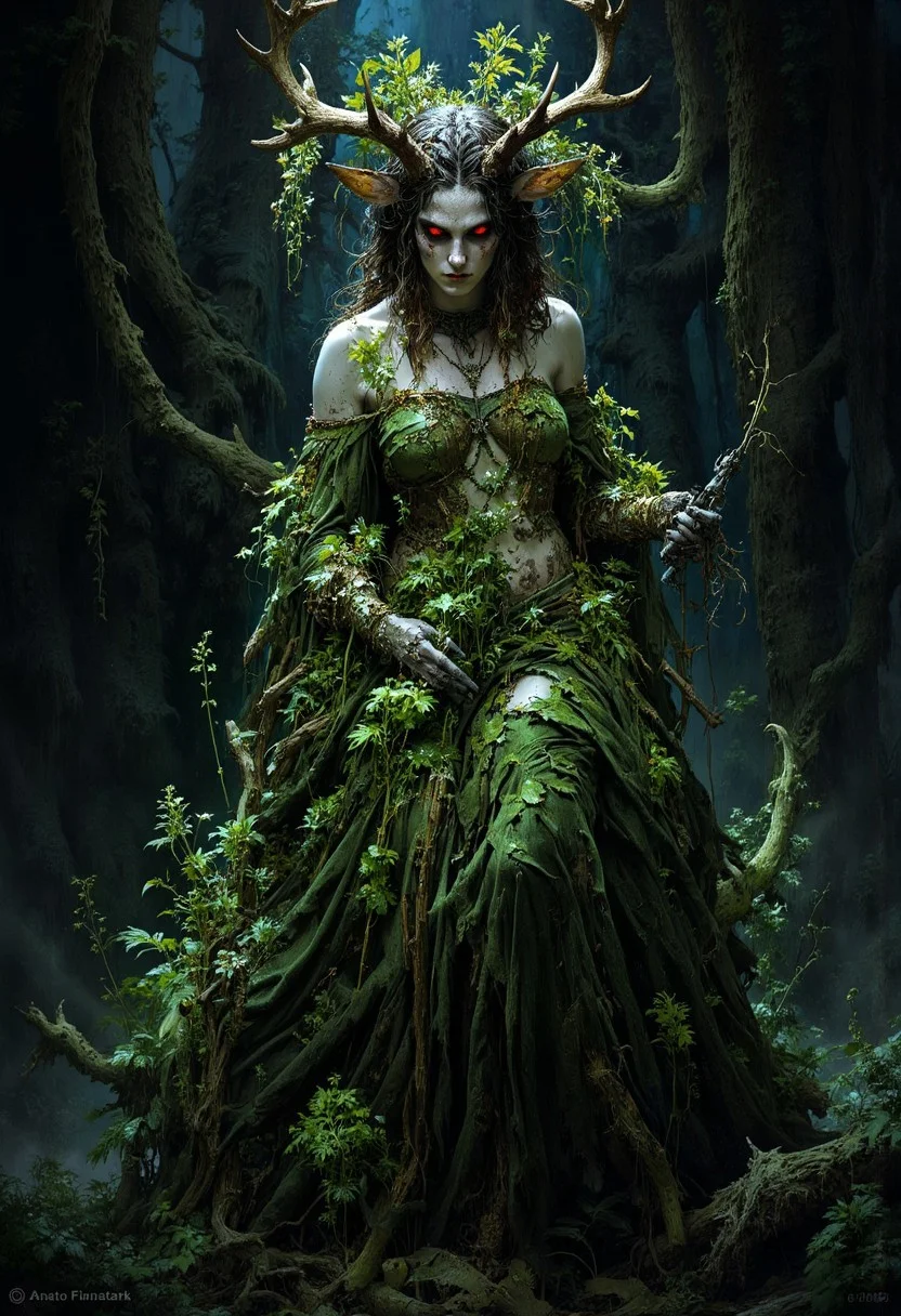An evocative dark fantasy illustration by Anato Finnstark and Greg Rutkowski. The central figure is a once-elegant forest nymph, now corrupted by sinister forces. She has deer-like attributes, a pale complexion, glowing red eyes, and jagged antlers. Her once-lush attire is now tattered and overgrown with the very greenery that she once represented. The background is dark and foreboding, reflecting the nymph's lost beauty and anger. The overall atmosphere is cinematic and conceptual, immersing the viewer in a world of dark fantasy., cinematic, conceptual art, dark fantasy