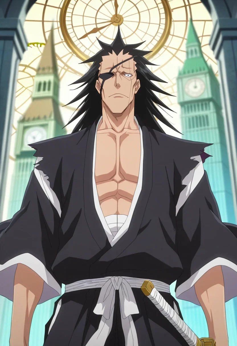 masterpiece, best quality, , anime screencap, , official style, looking at viewer, depth of field, 1boy, solo, male focus, <lora:kenpachi_zaraki_ilxl:0.94>, kenpachi_zaraki, black hair, black eyes, long hair, , eyepatch, sword, time workshop, floating gears, temporal portals, clock towers, adjusting machinery, focused expression, ethereal lighting,