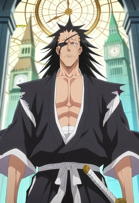 masterpiece, best quality, , anime screencap, , official style, looking at viewer, depth of field, 1boy, solo, male focus, <lora:kenpachi_zaraki_ilxl:0.94>, kenpachi_zaraki, black hair, black eyes, long hair, , eyepatch, sword, time workshop, floating gears, temporal portals, clock towers, adjusting machinery, focused expression, ethereal lighting,